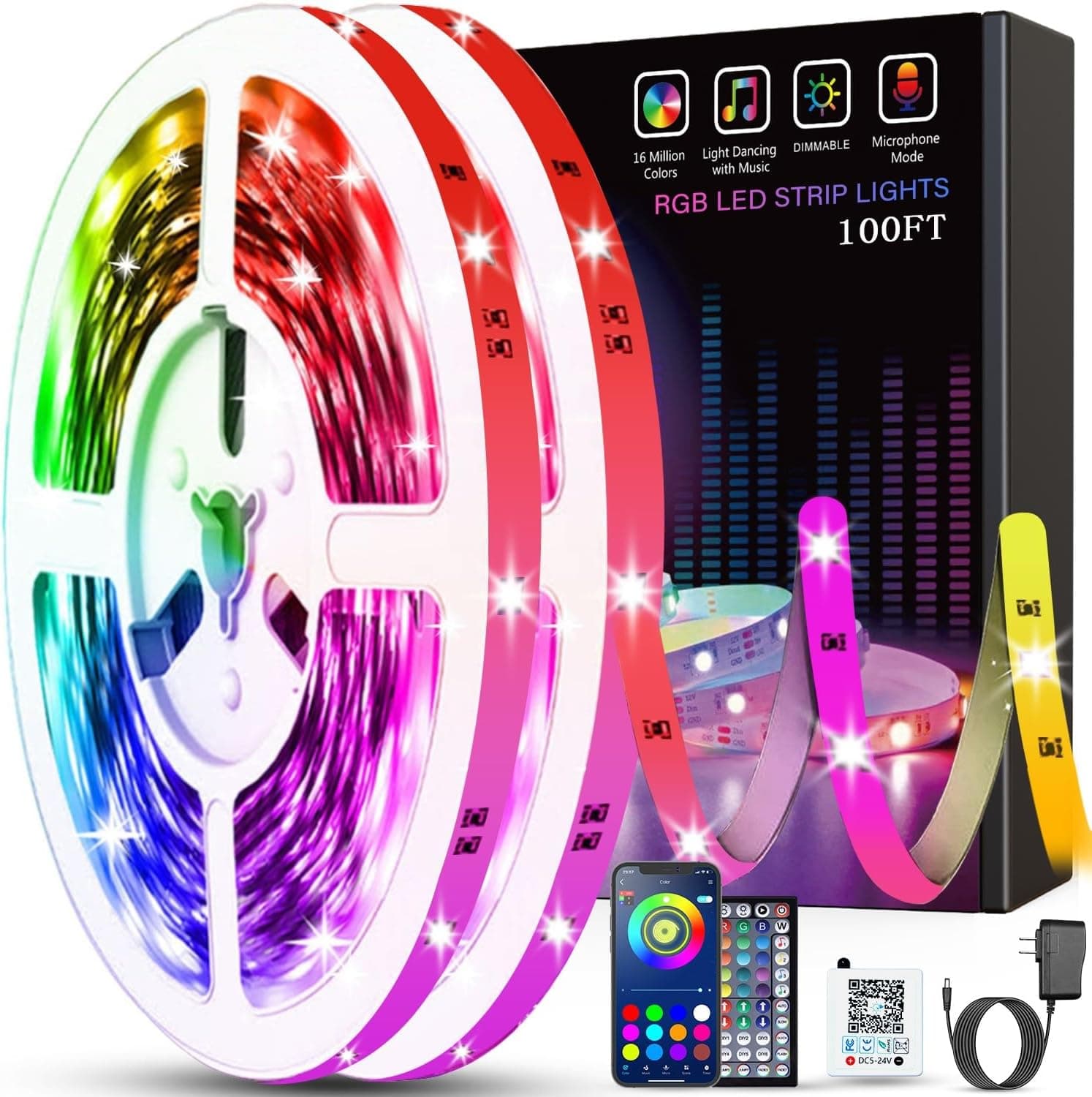 Tenmiro Led Lights for Bedroom 100ft (2 Rolls of 50ft) Music Sync Color Changing Strip Lights